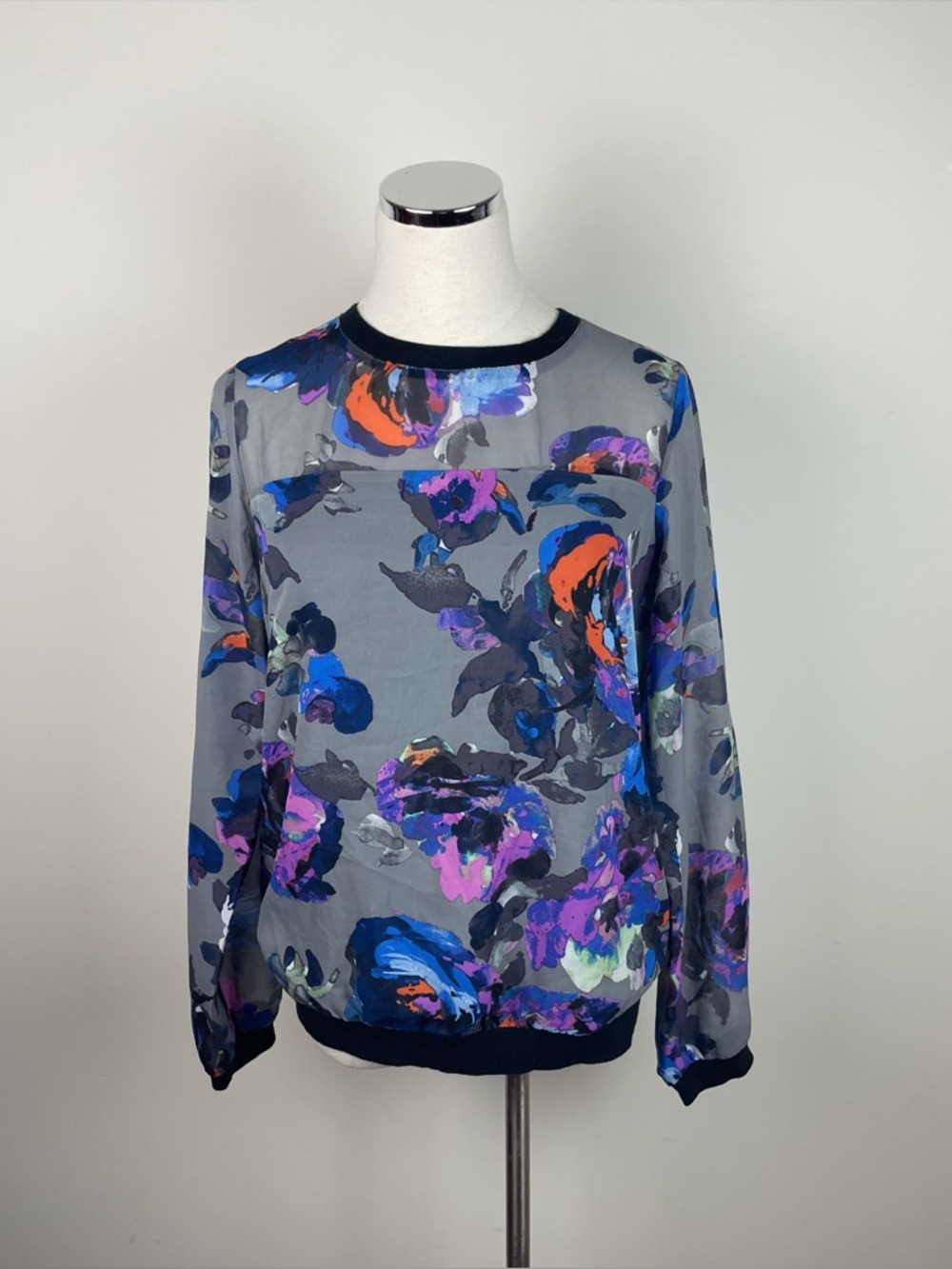 Forever 21 Gray Blue Black Long Sleeve Sheer Floral Blouse Top Women Small